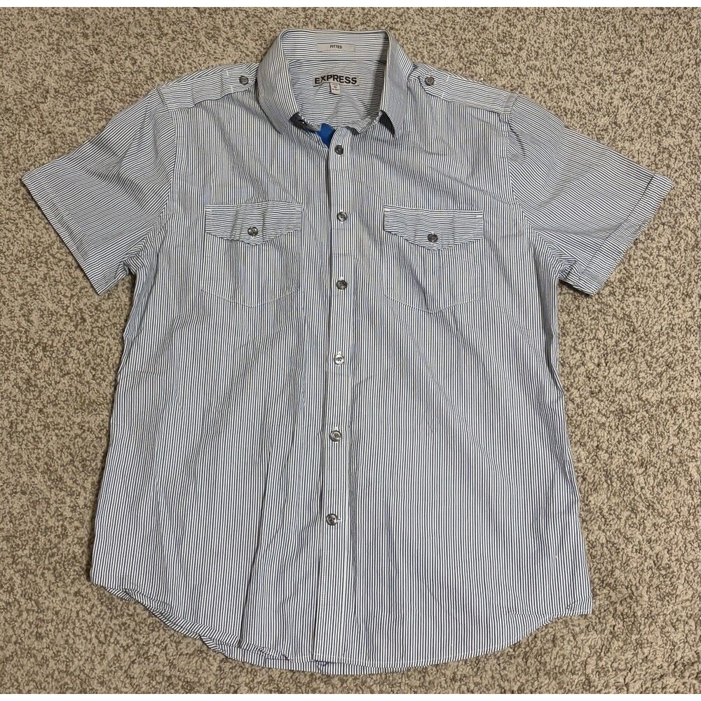 Women's Express Pinstripe Short Sleeve Button Up Shirt, Medium